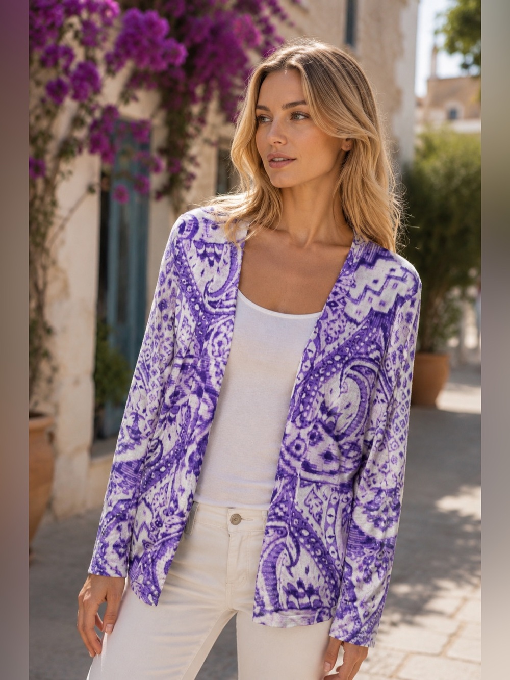 Chico's Vibrant Purple and White Cardigan